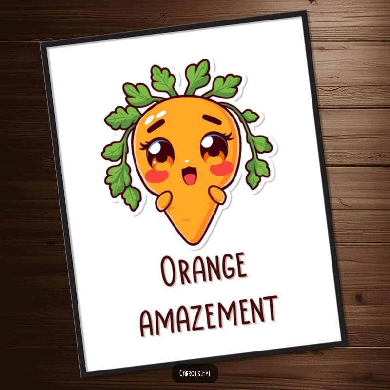 Funny digital art print of an anthropomorphic carrot character with comically wide, surprised orange eyes, radiating hilarious shock for impactful decor.