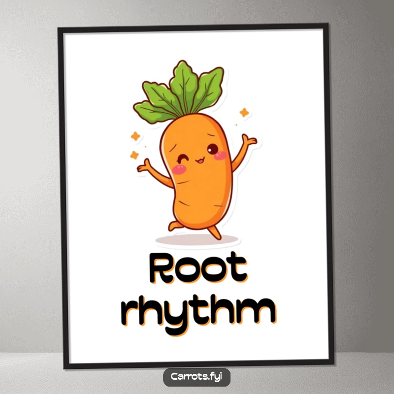 Funny digital art of a carrot character doing a silly dance, its leafy top moving, ready for immediate printing and display.