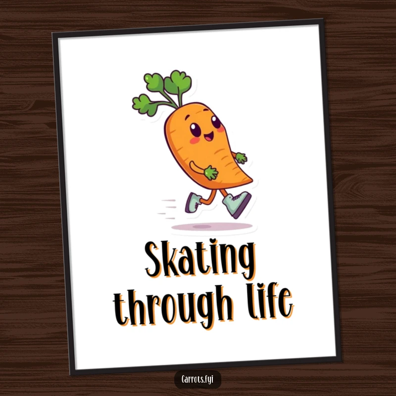 Funny digital art print of an anthropomorphic carrot character wearing tiny roller skates and speeding along, vibrant design for a fun and energetic atmosphere.