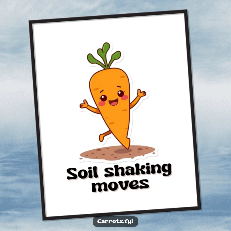 Funny digital art print of a carrot character doing a happy, bouncy jig with small flecks of soil flying, ready for display.