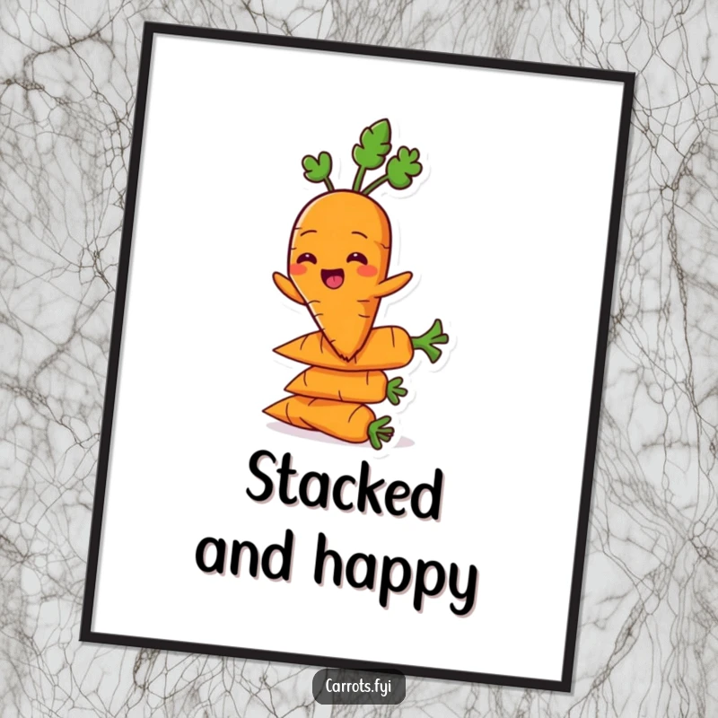 Funny carrot character grinning while balancing on carrots, available as instant digital art for humorous decor.