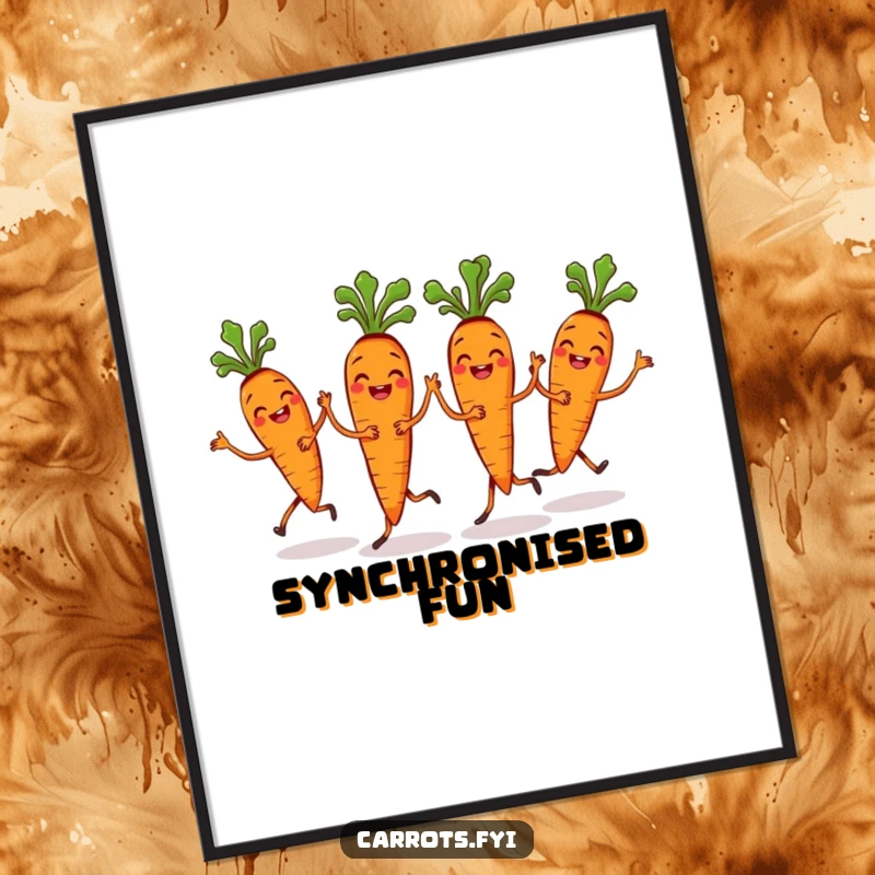 Funny Carrot Bunch Digital Art Print of grinning carrots performing a synchronized dance, radiating unity and fun.