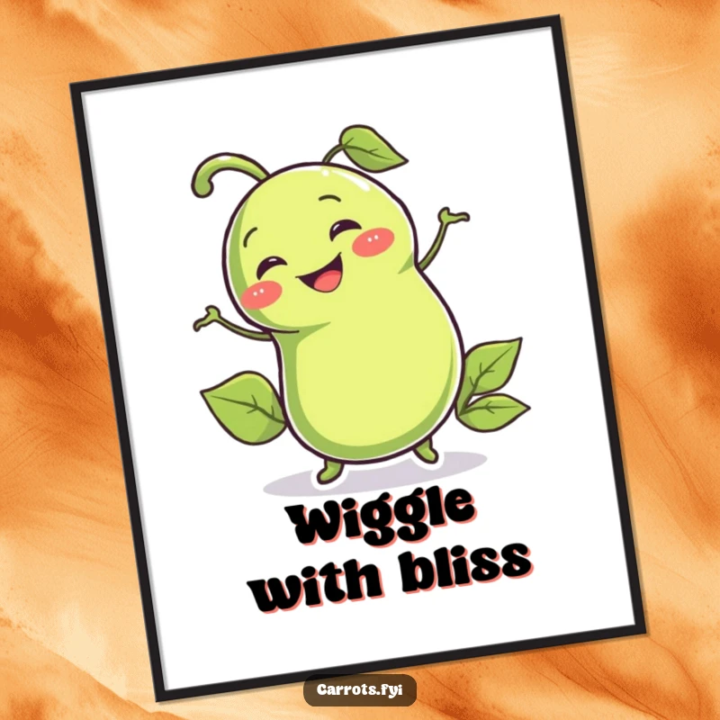 Funny digital art print of a smiling pea pod character wiggling enthusiastically, ideal for humorous online sharing or display.
