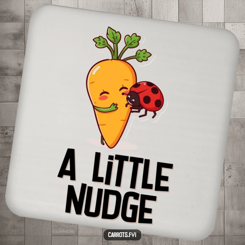 Funny drink coaster featuring a playful anthropomorphic carrot character nudging a friendly ladybug, adding a touch of whimsy.