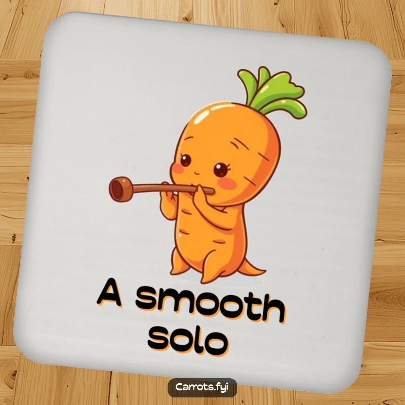 Funny drink coaster featuring a carrot character playing a miniature flute, its hollow stalk as the instrument.