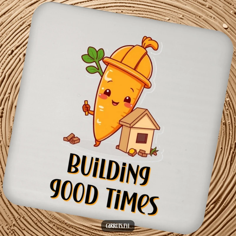 Funny carrot character wearing a hard hat and building a food structure, a set of humorous drink coasters.