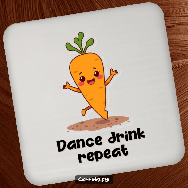 Funny drink coaster depicting a carrot character doing a happy jig with small soil flecks flying, adding cheerful decor.