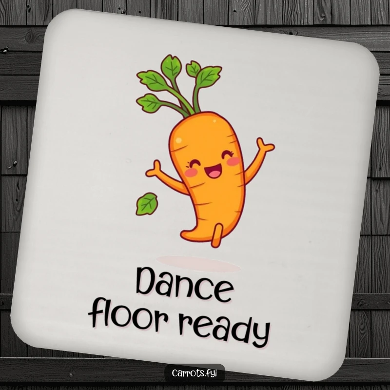 Funny carrot character dancing joyfully with leafy greens, a set of humorous drink coasters.
