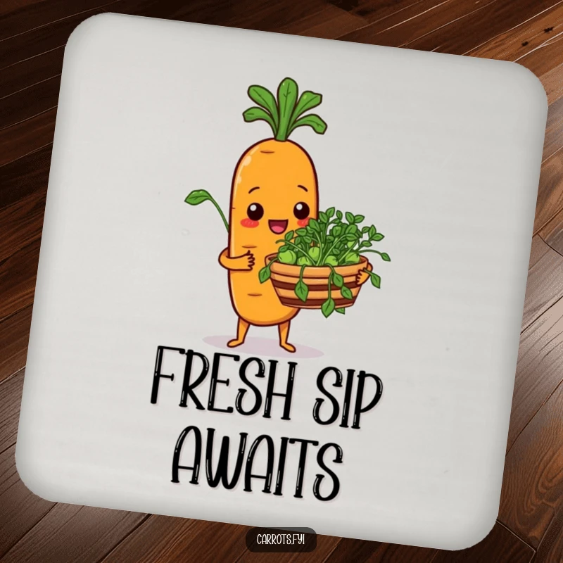 Funny drink coaster featuring a carrot character cheerfully offering a basket of fresh sprouts, protecting surfaces with humor.