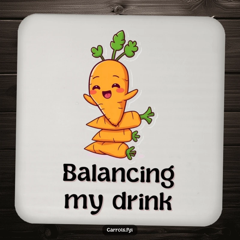 Funny carrot character grinning on a drink coaster while balancing on carrots, adding veggie confidence.