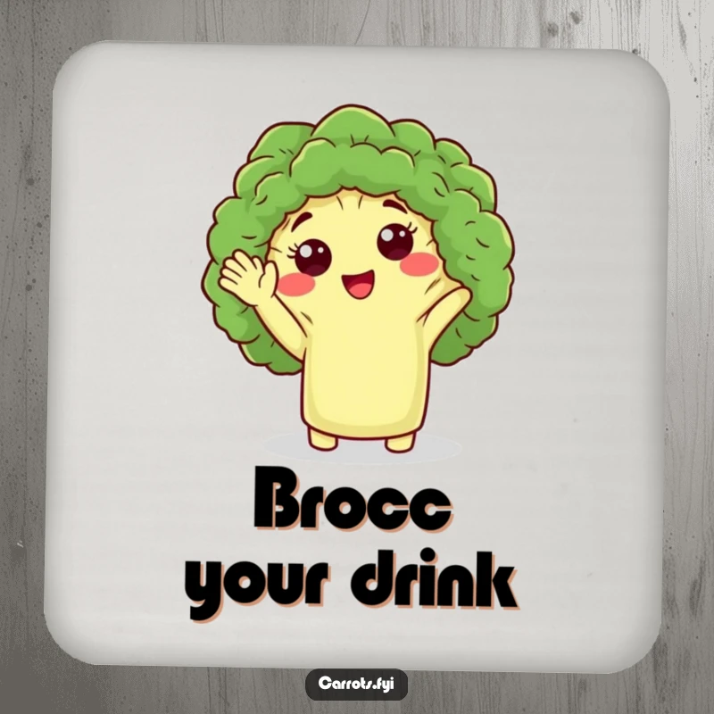 Funny drink coaster featuring a cute broccoli floret character giving a friendly wave, protecting surfaces with humorous charm.