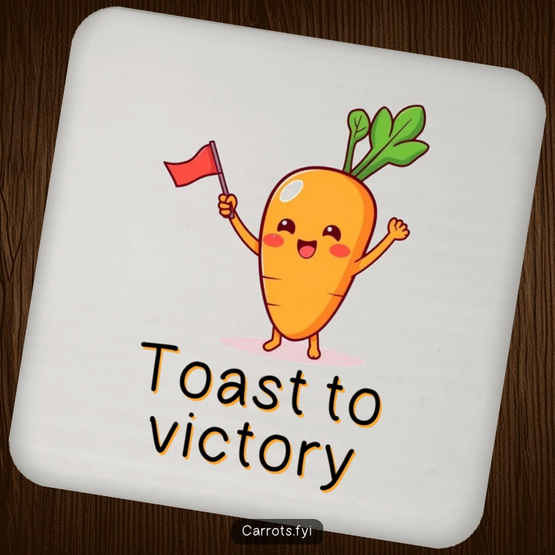 Funny Drink Coaster showcasing a kawaii carrot character with tiny feet, excitedly waving a miniature flag, offering cheerful protection.