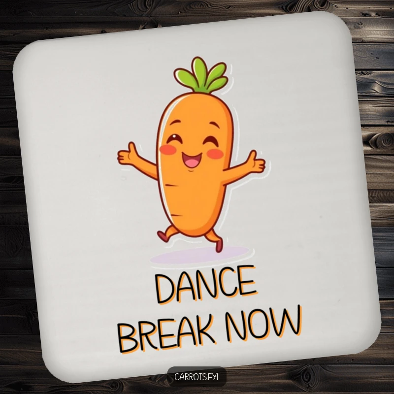 Funny drink coaster featuring a cheerful carrot character in a happy dance, protecting surfaces with humorous charm.