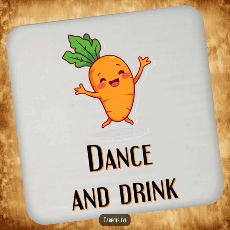 Funny cheerful carrot coasters with a grin, performing a silly dance, protecting surfaces with smile-inducing charm.