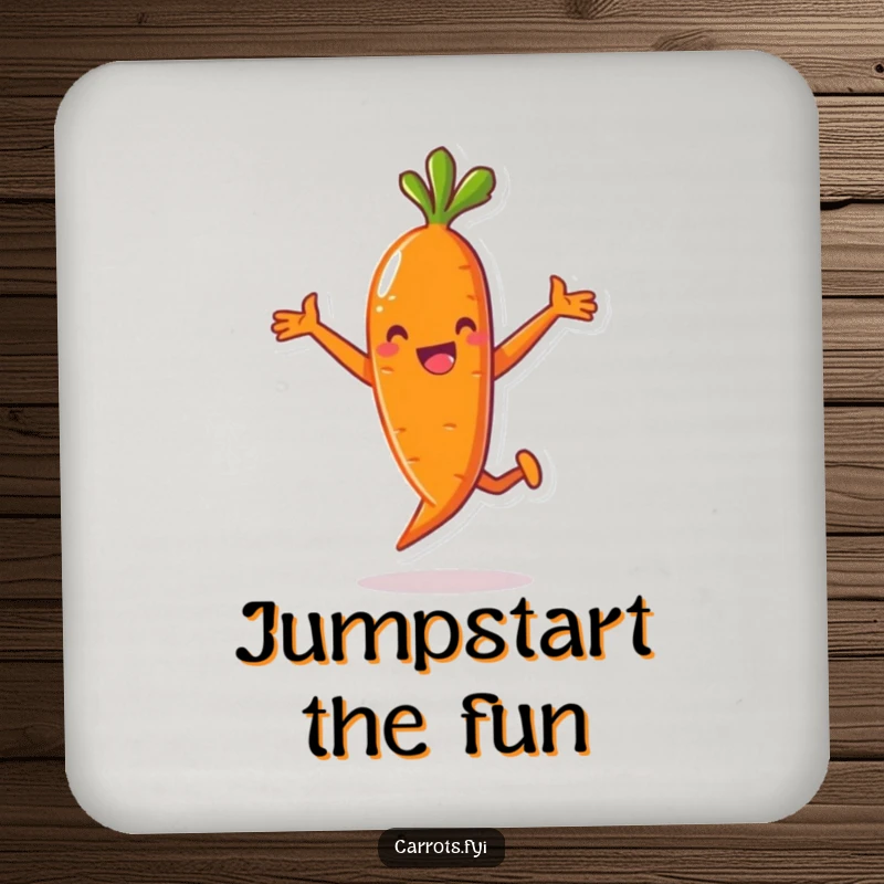 Funny drink coaster featuring an anthropomorphic carrot character in a comical, high-spirited jump, offering humorous protection for surfaces.