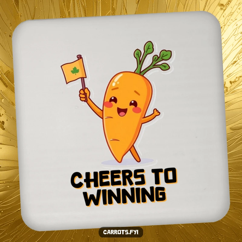 Funny carrot character waving a leafy flag on a drink coaster, adding spirited charm and surface protection.