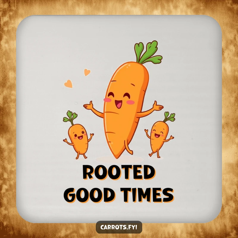 Funny drink coaster featuring an anthropomorphic carrot character juggling three smaller root vegetables, adding a playful and humorous touch to any surface.