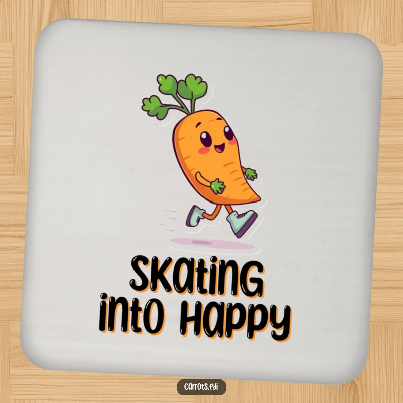 Funny drink coaster featuring an anthropomorphic carrot character wearing tiny roller skates and speeding along, adding a playful and humorous touch.