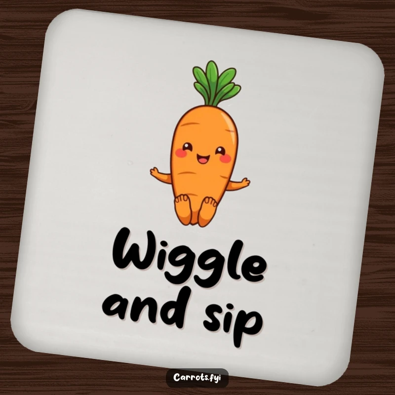 Funny smiling carrot coasters with green leafy hair, wiggling its toes, protecting surfaces with smile-inducing charm.