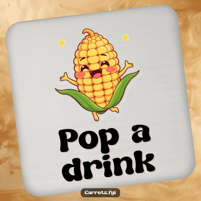 Funny drink coaster featuring an anthropomorphic corn kernel character spinning joyfully, protecting surfaces with humorous charm.