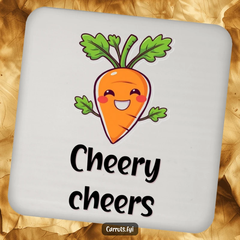 Funny drink coaster featuring a carrot character with an exaggeratedly wide smile, symbolizing joy and satisfying crunchiness.