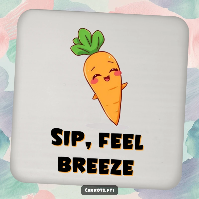 Funny coaster featuring a giggling carrot character delightedly experiencing a gentle breeze, protecting tables with charm.
