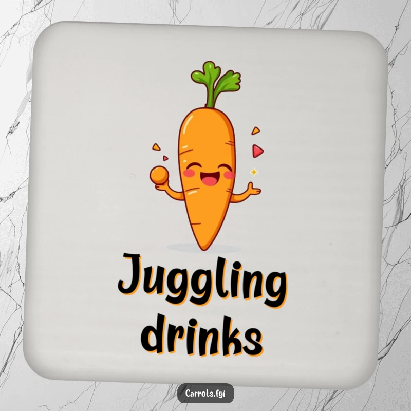 Funny drink coaster set with an anthropomorphic carrot character giggling while juggling its leafy green top, offering humorous surface protection.