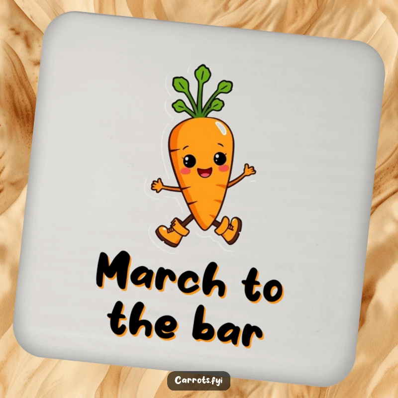 Funny drink coaster set with an anthropomorphic carrot character marching proudly in small boots, offering humorous surface protection with a determined vibe.