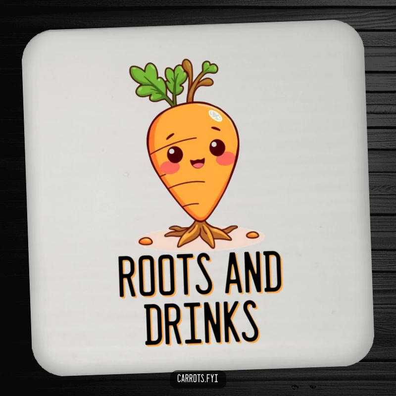 Funny coaster featuring a playful carrot character sprouting small roots, protecting surfaces with charm.