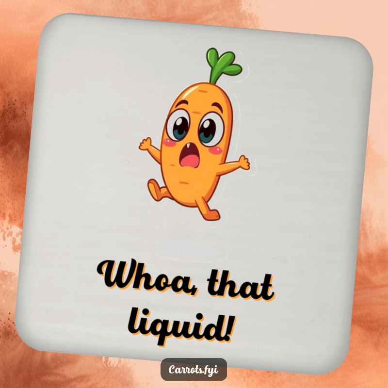 Funny carrot character in a surprised leap on a drink coaster, adding shock humor to tabletops.