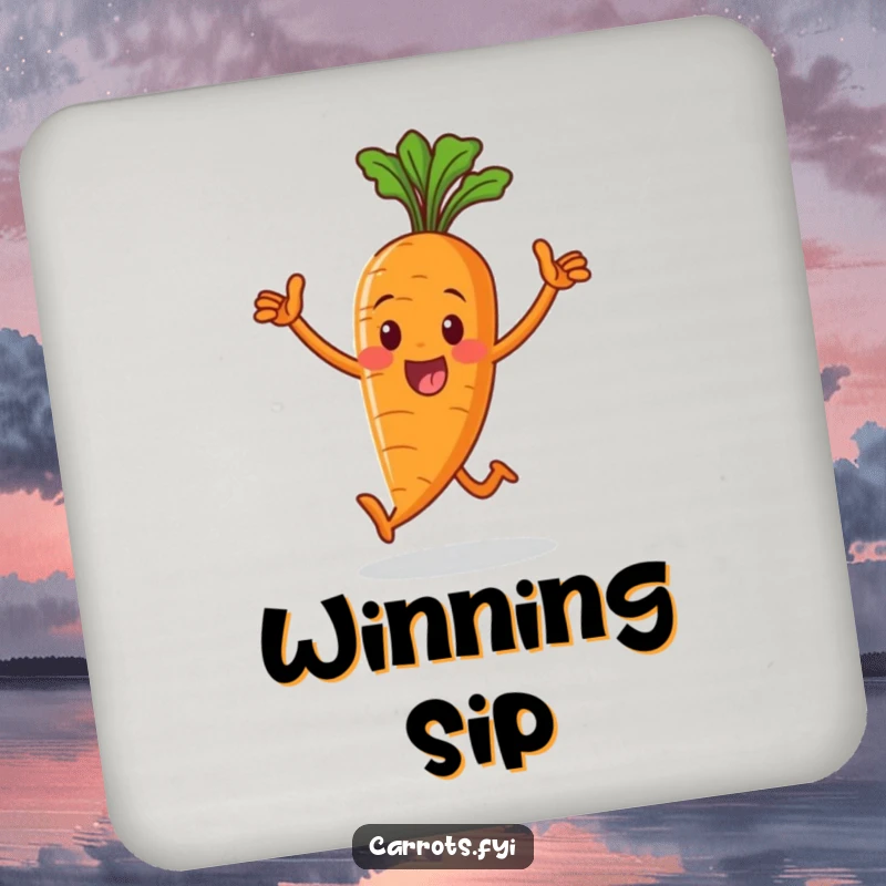 Funny drink coaster featuring a whole carrot character victoriously striding, protecting surfaces with cheerful, motivational humor.