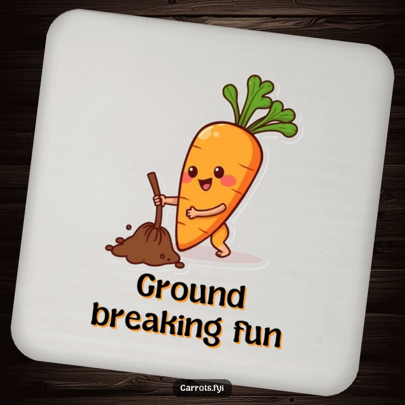 Funny drink coaster featuring an anthropomorphic carrot character in a cheerful digging motion, adding a touch of garden charm.
