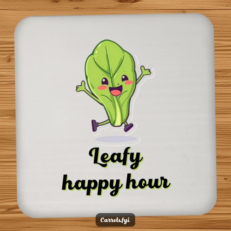 Funny spinach leaf coasters with a character doing a stunt, protecting furniture with comedic visual flair.