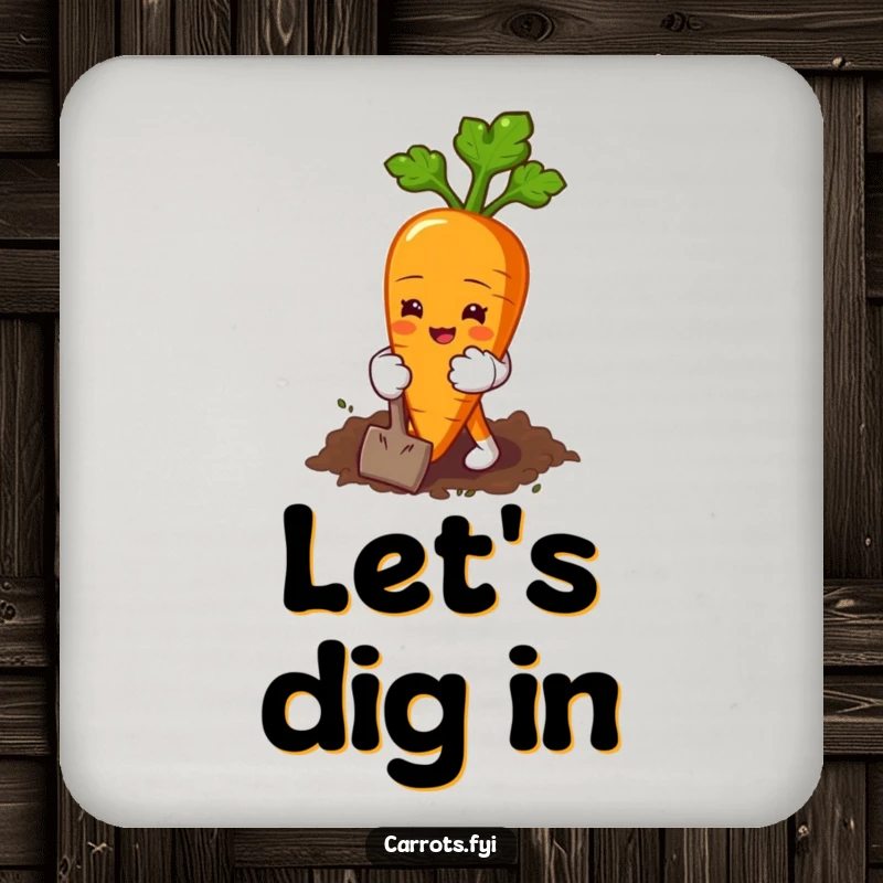 Funny drink coaster with a carrot character in tiny gloves happily digging earth, bringing garden humor to surfaces.