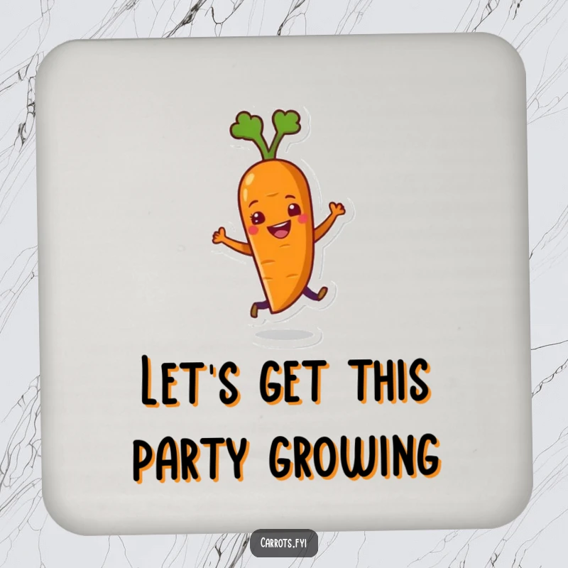 Funny drink coaster featuring a happy carrot character in a lively dance pose, adding humor and protection to surfaces.