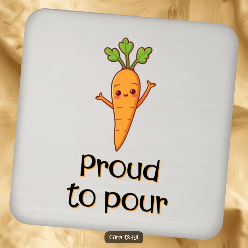 Funny drink coaster showing a proud carrot character with arms akimbo, embodying confidence.