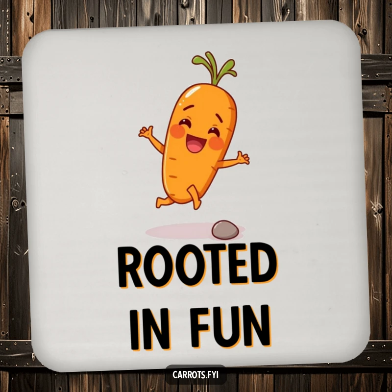 Funny drink coaster featuring an anthropomorphic carrot character kicking a tiny pebble with its root, adding a humorous touch to any table.
