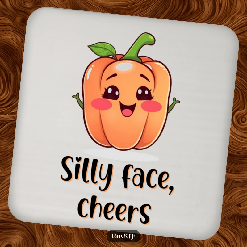 Funny bell pepper drink coaster featuring a cheerful, silly-faced vegetable character, protecting surfaces with a humorous and charming design.