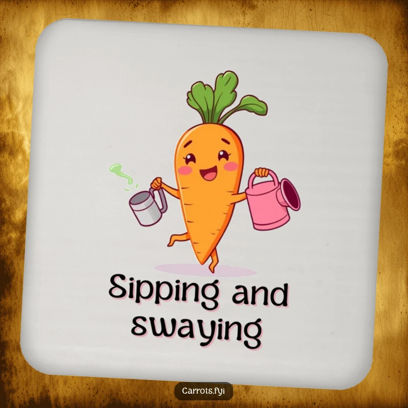Funny drink coaster with a cheerful carrot character dancing with a watering can, protecting surfaces with joyful veggie charm.