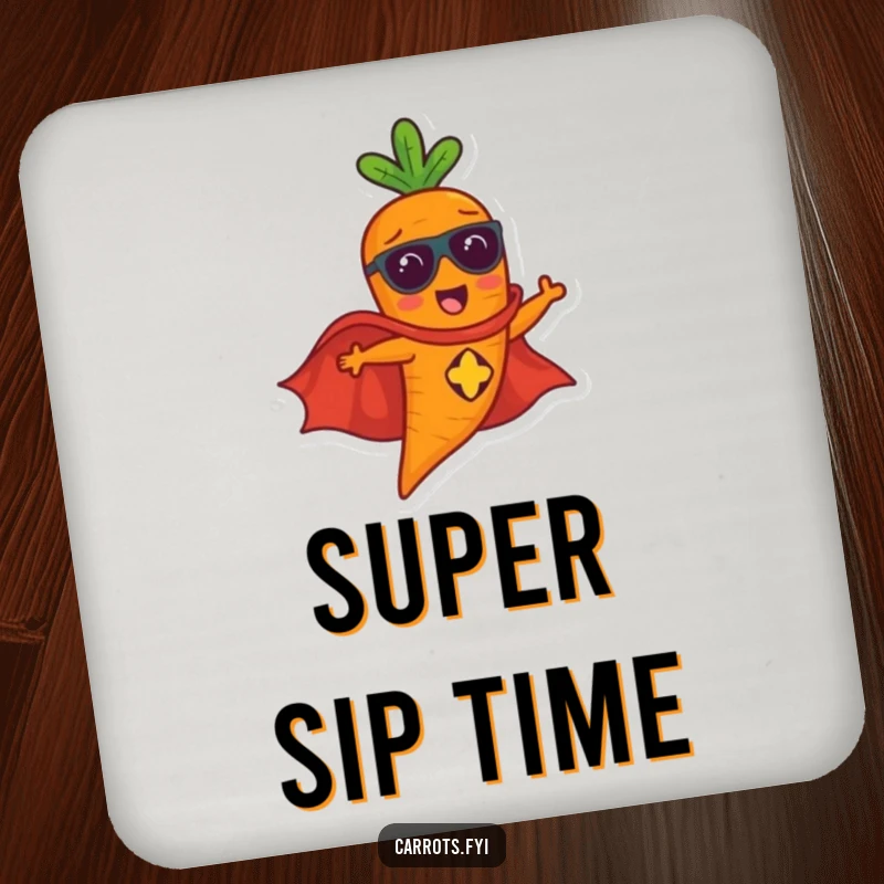 Funny carrot character in a superhero cape flying, a set of humorous drink coasters.