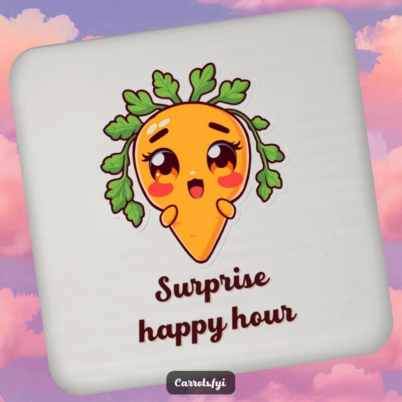 Funny drink coaster set with an anthropomorphic carrot character with comically wide, surprised orange eyes, offering humorous surface protection.
