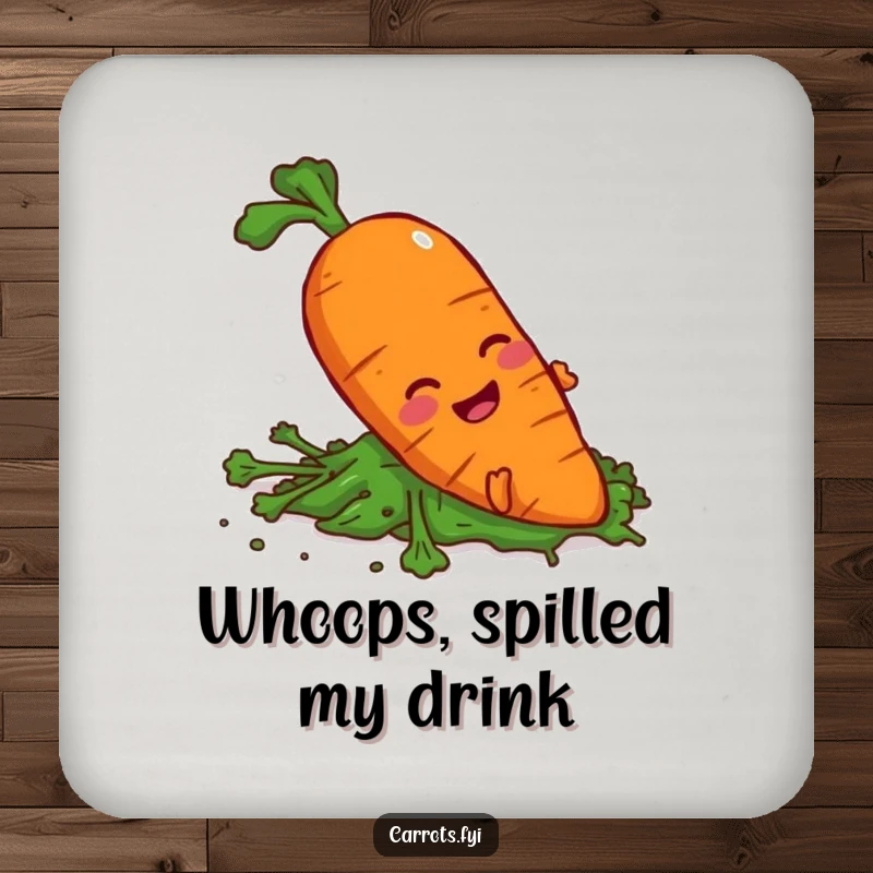 Funny carrot character slipping on spilled greens on a drink coaster, adding clumsy humor.