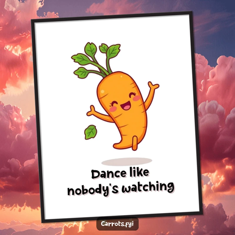Funny carrot character joyfully dancing with leafy greens, a humorous and lively poster.