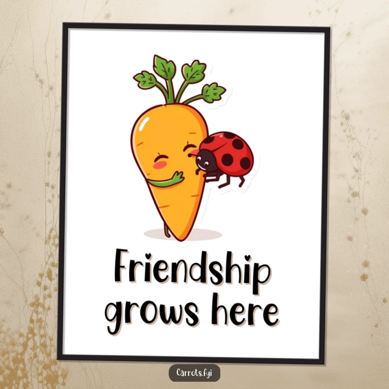 Funny poster art of a whimsical anthropomorphic carrot character playfully nudging a friendly ladybug, creating a heartwarming and amusing scene.
