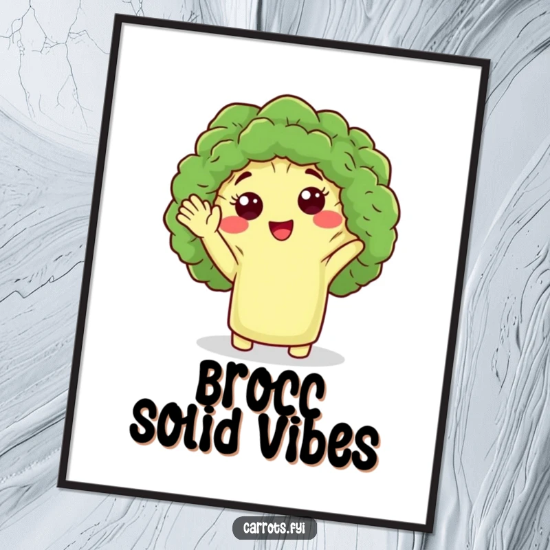 Funny poster print of a cute broccoli floret character giving a friendly wave, adding whimsical charm and humor to decor.