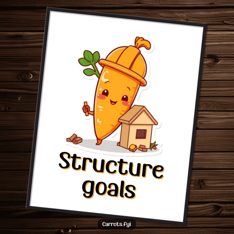 Funny carrot character wearing a hard hat and building a small food structure, a humorous poster.