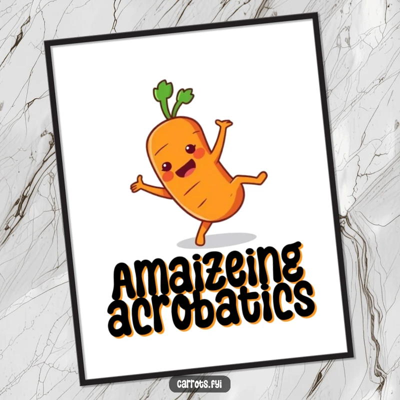 Funny Carrot Poster depicting an excited carrot character mid-cartwheel, adding a dynamic and humorous element to wall decor.