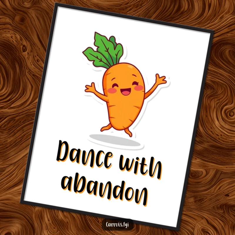 Funny cheerful carrot poster with a grin, captured mid-silly dance, bringing energetic fun and joyful vibes to decor.