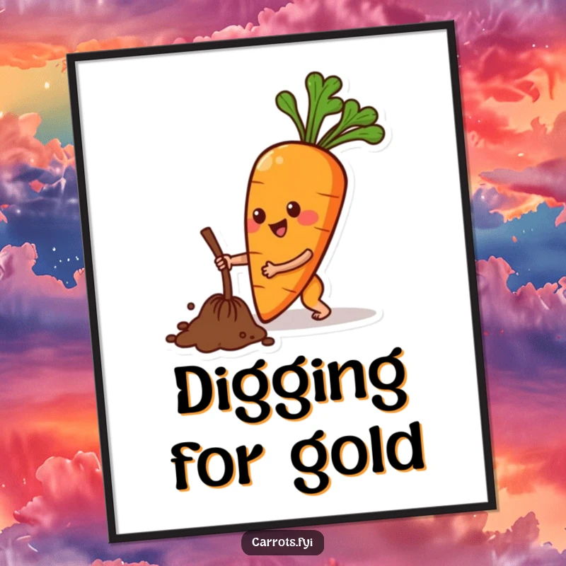 Funny poster of a happy anthropomorphic carrot character performing a cheerful digging motion, bringing outdoor vibes indoors.