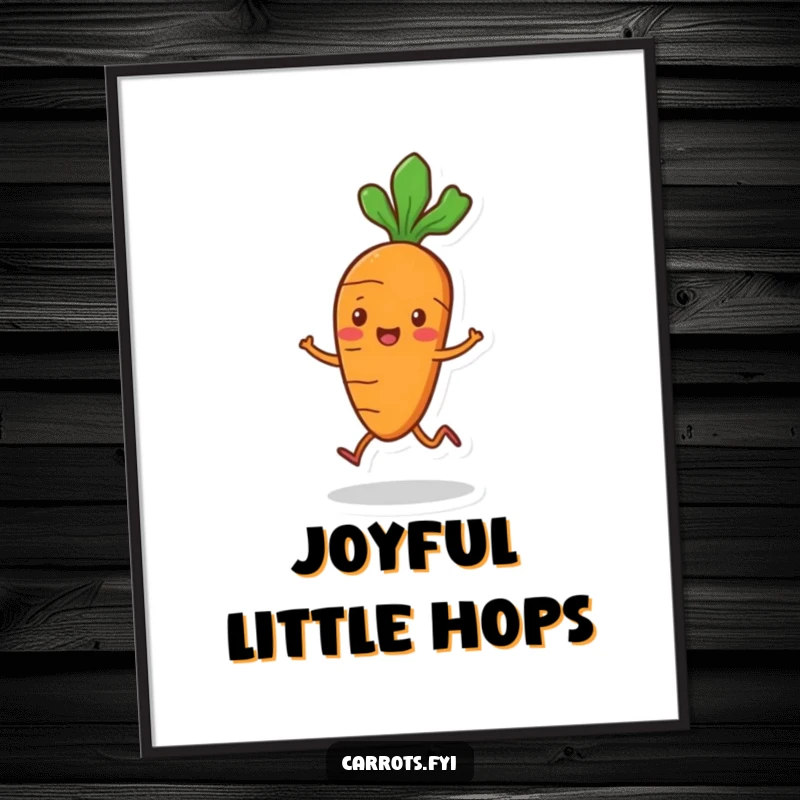 Funny playful carrot poster with small legs, captured mid-hop, bringing energetic fun and lighthearted joy to decor.